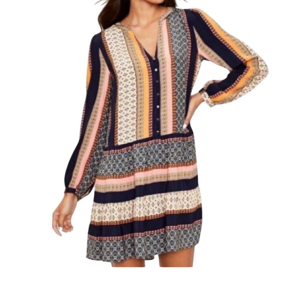 LOFT‎ Women Dress Size S Patchwork Print V Neck Button Front Tiered Mini